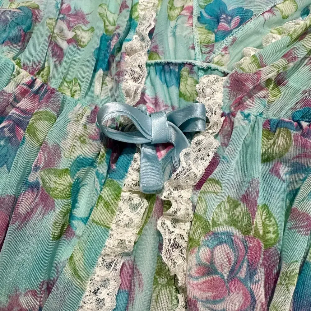 Vintage 1970s Floral Sheer Chiffon Lace Peignoir Dressing Gown Maxi Robe